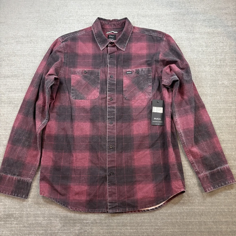 RVCA Wayman Plaid Shirt Mens M Burgundy Faded Look NWT Button Up Heavyweight New